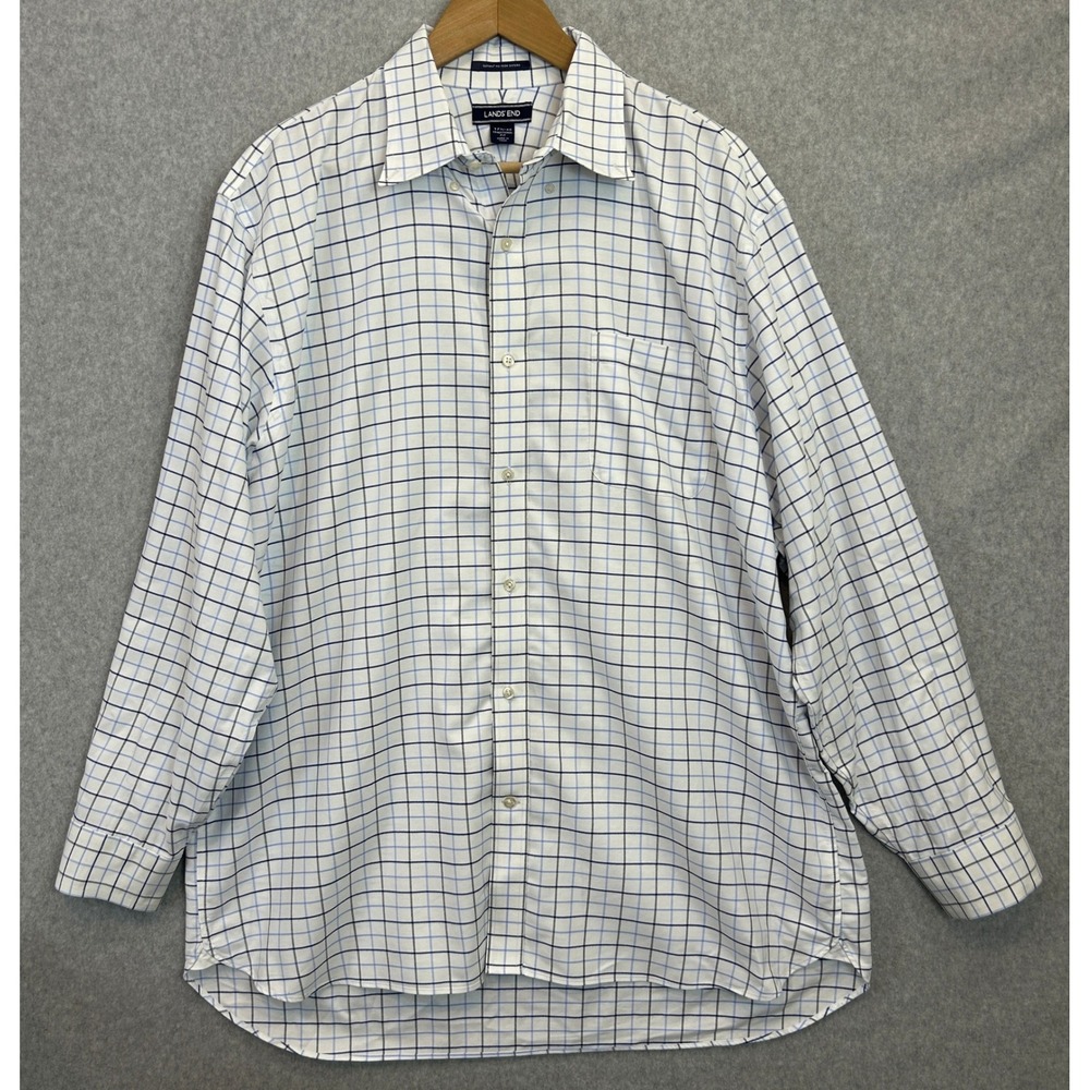 Lands End Button Up Shirt White Blue Plaid Supima Cotton Office Mens 17.5 35